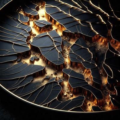 The primary subject of the image is a large, intricate metal plate with a pattern of gold and brown colors. The setting is a dark room, and the visual style appears to be a combination of a photo and digital art. The colors and mood of the image are rich and warm, with the gold and brown tones creating a sense of depth and complexity.